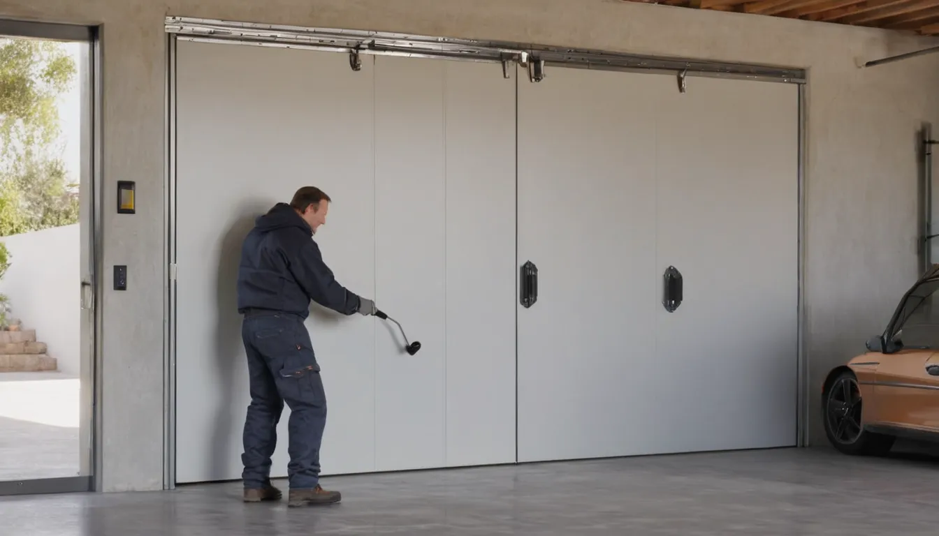 A provider checking a torsion spring above a garage door at a home in West Jordan